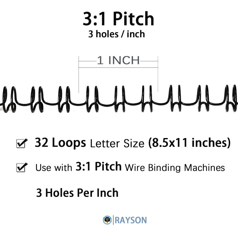 Rayson Double Loop Binding Wires 1/4 Inch - 3 to 1 Pitch Wire Binding Capacity 20 Sheets, 11 inch Length, 32-Loop Black Wire Ring Pack of 100 to Bind Reports and Projects - Image 2